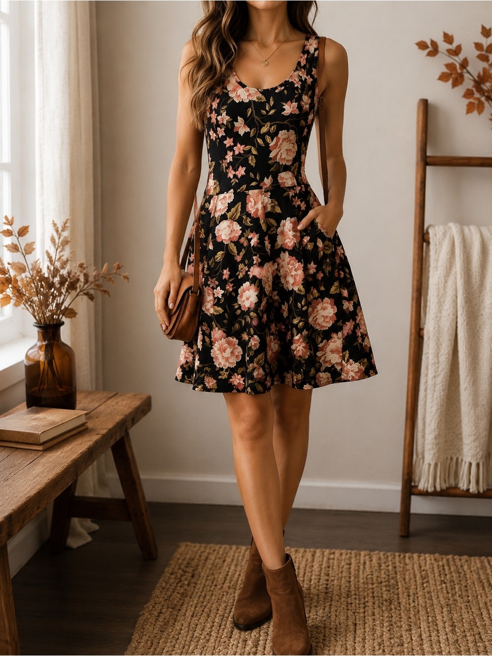 Dusky Peach Pink Floral Blooms Scoop Neck Black Dress Size XL